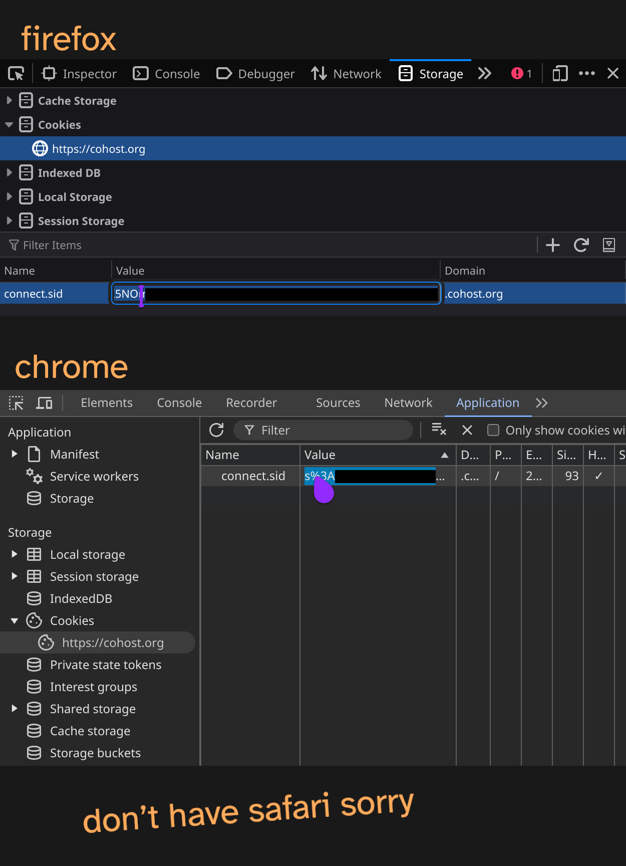 firefox devtools: Storage tab > Cookies > cohost.org > connect.sid > copy the value. chrome devtools: Application tab > Cookies > cohost.org > connect.sid > copy the value. don’t have safari sorry