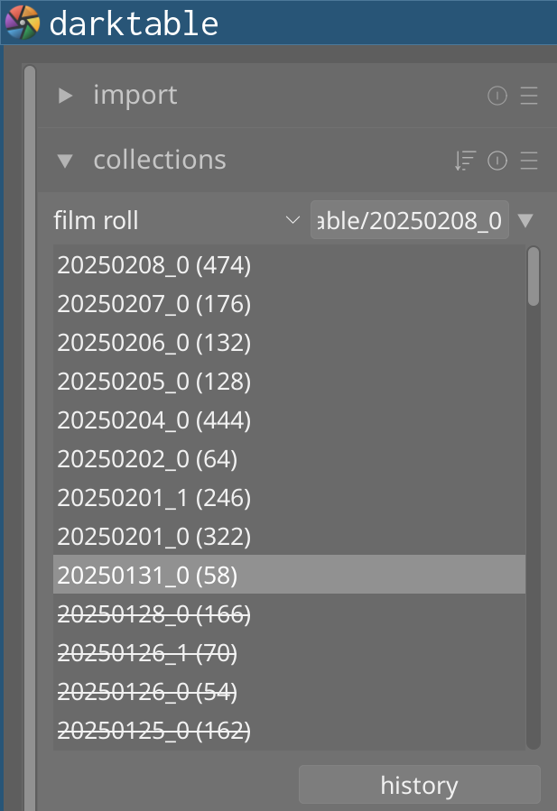 darktable collections panel with 1022 raw/jpeg pairs (474 + 176 + 132 + 128 + 444 + 64 + 246 + 322 + 58) since 31 january