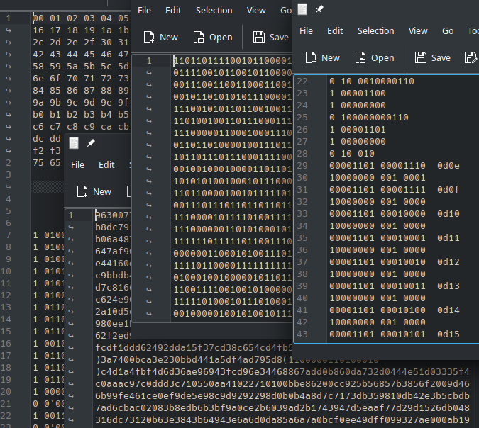 Several text editor windows open on top of each other. They're alternately filled with binary and hex data, randomly spaced out and commented, but none of it is really consistent or makes any sense.