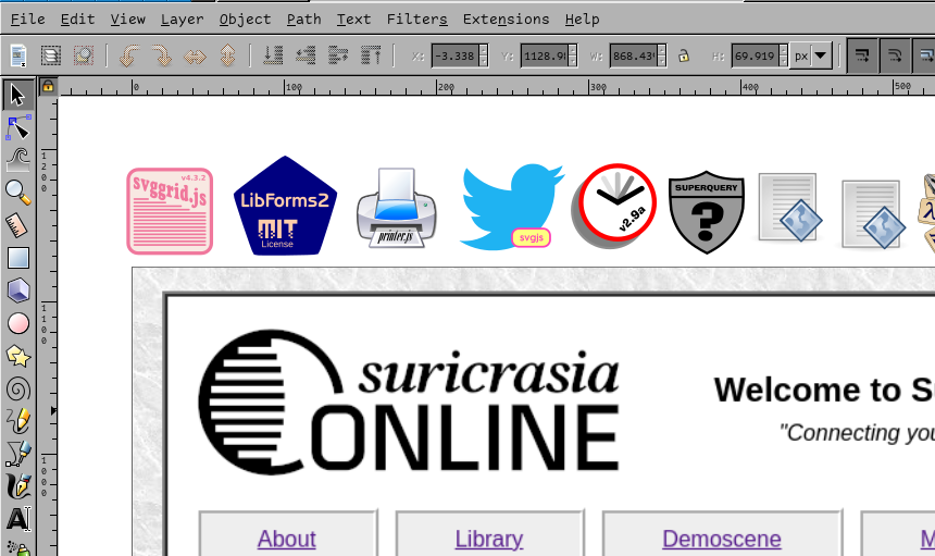 a screenshot from inkscape showing a hypothetical SVG-based webpage open for editing. above the actual canvas, out of view when the svg is loaded, are a series of library logos. the first is "svggrid.js" which has a pink logo, then the mit licensed "libforms2" which is a blue hexagon, then "printer" whose logo is a printer. then the twitter logo with a badge saying "svgjs." next is a clock that says "v2.9a" on it, then an emblem with a big question mark saying "superquery", and the last two logos are a generic script file icon.