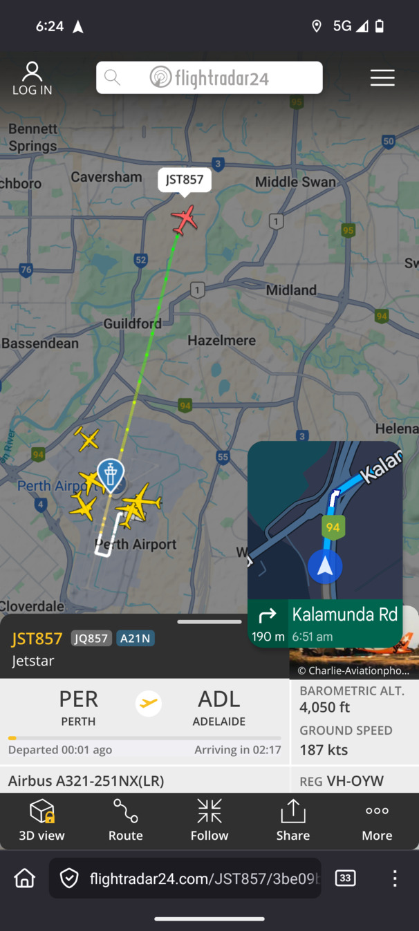flightradar24 showing JST857 (JQ857) fly almost directly over the intersection i pulled over near, which was also visible in the little floating google maps navigation thing