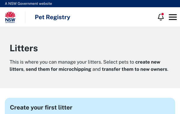 screenshot of nsw pet registry website, on a page that reads “Litters”, “Create your first litter”
