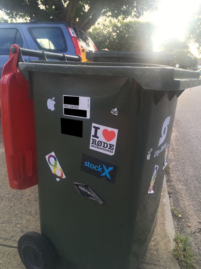 same bin, somewhere in inglewood, with one more rainbow infinity sticker