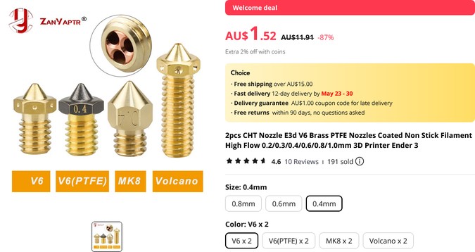 screenshot of aliexpress page for the new nozzle