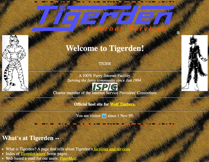 screenshot of tigerden.com, looking like it fell out of 1994, when the site was created; furry drawings dated 1993 on a tiger print background. there's a broken stats counter