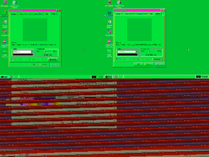 screenshot of windows 98 with two small and very green copies of the screen in the top two quadrants, and a garbled red/blue/cyan/magenta copy of the screen in the bottom half