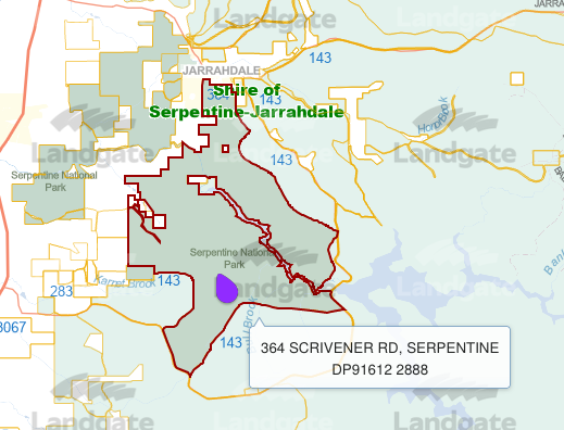 hovering over serpentine national park, a tooltip reads “364 scrivener road, serpentine”