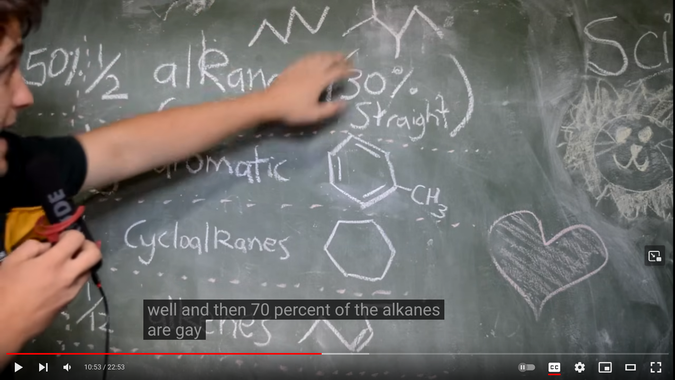 tom explosions pointing at a blackboard listing the distillation products of petrol (gasoline), where 50% are alkanes and 30% of those are straight, saying “and then 70 percent of the alkanes are gay”