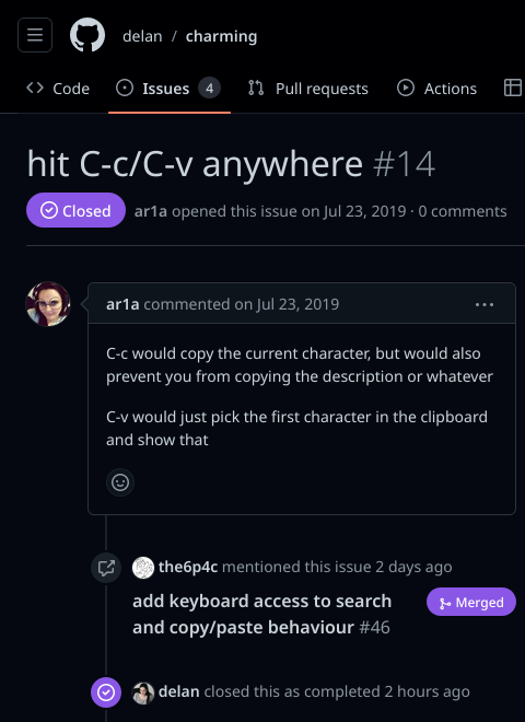 screenshot of github issue for delan/charming, reported by ar1a in 2019, fixed by the6p4c in 2023