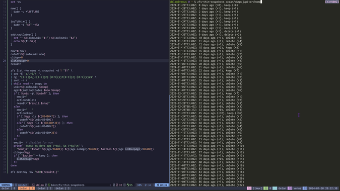 terminal showing shell script “zfs-thin-snapshots” on the left, and the result of running it against dataset “ocean/dump/jupiter/home” on the right, where daily snapshots are kept for a week, weekly snapshots are kept for a month, and monthly snapshots are kept thereafter