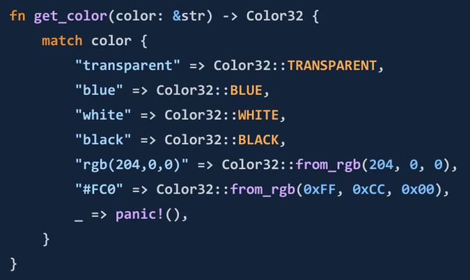 rust function that ostensibly converts a css <color> value to an rgba color, by recognising the six exact colors used by acid1 and panicking on everything else