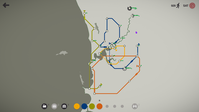 mini metro perth/boorloo, score 929, with 5 stations on yellow, 11 stations on blue, 7 stations on green, 6 stations on orange, and two unconnected stations just past the northeast end of the swan river, both overflowing with passengers