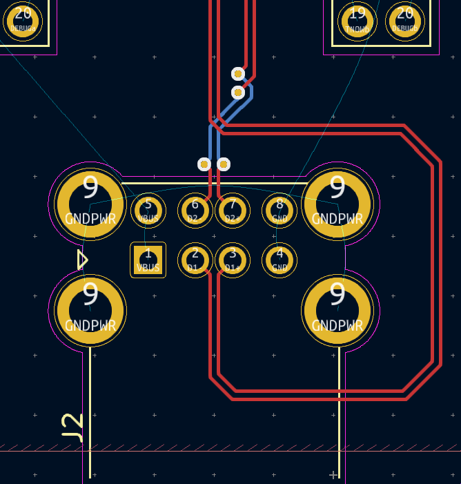 dual port usb-a connector, where one of the pairs is laid out very lazily, swapping D+ and D− and crossing over the other pair with four vias