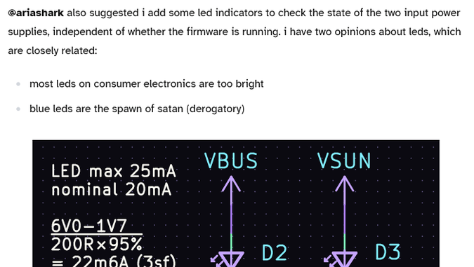 “ariashark also suggested i add some led indicators to check the state of the two input power supplies, independent of whether the firmware is running. i have two opinions about leds, which are closely related: most leds on consumer electronics are too bright [and] blue leds are the spawn of satan (derogatory)”