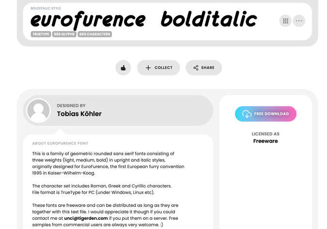 screenshot of fontspace entry, showing that tobias can be emailed at a tigerden.com address