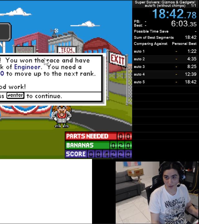 stream screenshot showing livesplit at 18:42.78, and the auto building of gizmos & gadgets finished at 84220 points