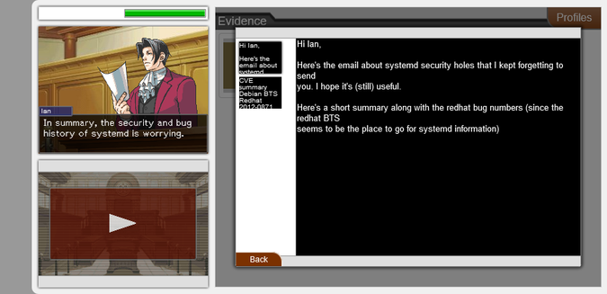 Ian [Jackson]: “In summary, the security and bug history of systemd is worrying.” / Evidence > “systemd security bug list” > “Hi Ian, Here’s the email about systemd security holes that I kept forgetting to send you. I hope it’s (still) useful. […]”