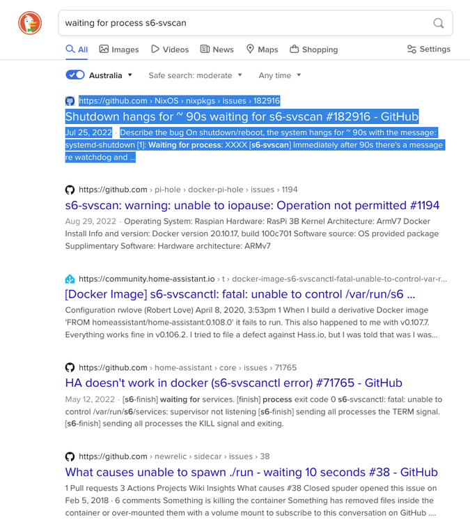 duckduckgo search for “waiting for process s6-svscan”, the first result being about the exact error happening on the exact program i asked for