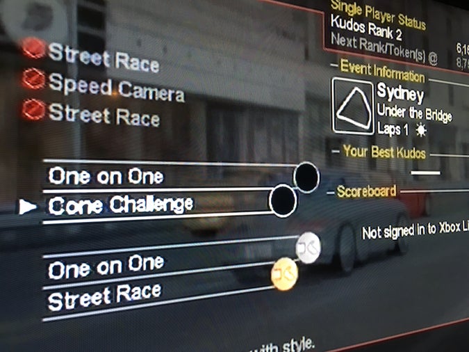 screenshot of project gotham racing 2, with the menu on “Cone Challenge”