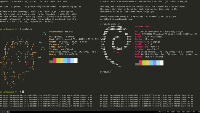 screenshot of opacus and stratus side by side, with neofetch outputs on top, and below that, pings from my computer showing that they are both <1 ms away