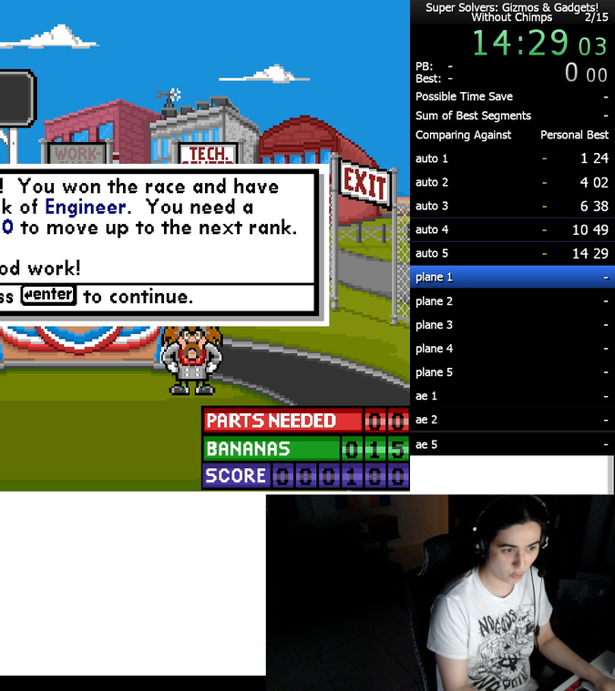 stream screenshot showing livesplit at 14:29.03 (continuing because it was the start of a full game run), and the auto building of gizmos & gadgets finished at 80180 points