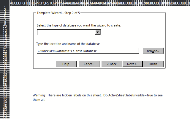 an excel spreadsheet with small square cells, containing buttons and input fields for a Template Wizard - Step 2 of 5, with a path field that reads “C:\work\xl96\wizard\It's a 'test Database”