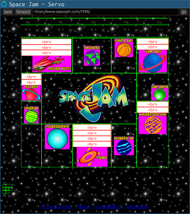 space jam website in servo, with image bounding boxes highlighted, outlines around the table cells to show align and valign, and <br> elements for vertical spacing now visible