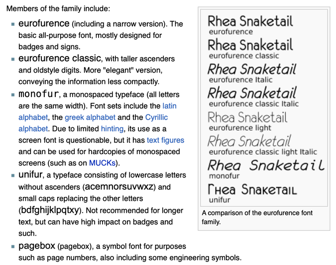 the wikifur page for "eurofurence (font)", showing some variants that haven't been archived properly