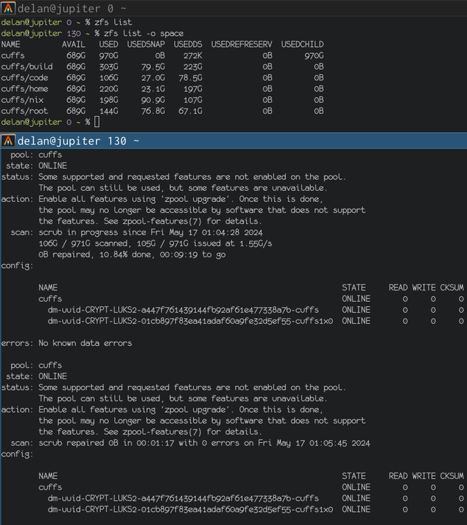 zpool status after scrubbing with this new patch, showing that the scrub finished in 00:01:17 after issuing reads for only 105G of the 971G pool. zfs list in another terminal shows that cuffs/code is only 106G