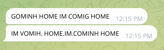 telegram messages
“GOMINH HOME IM COMIG HOME”
“IM VOMIH. HOME.IM.COMINH HOME”