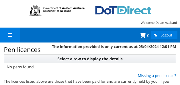 screenshot of the “Pen licences” page on the western australia department of transport website, with a table that reads “No pens found.”