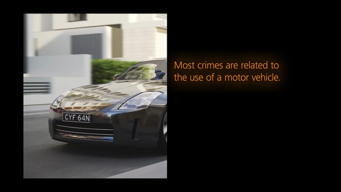 dark gray nissan 350z with the number plate CYF64N (nsw), beside text that reads “Most crimes are related to the use of a motor vehicle.”