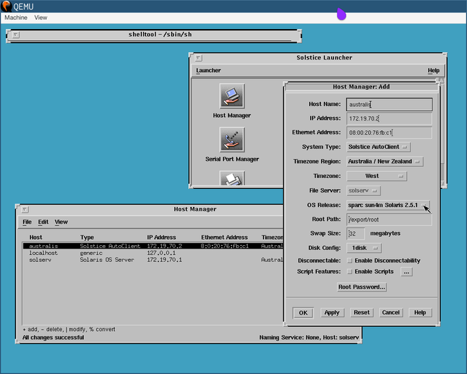 adding a sparcstation 5 (australis) as a solstice autoclient in host manager, set to solaris 2.5.1 sparc sun4m