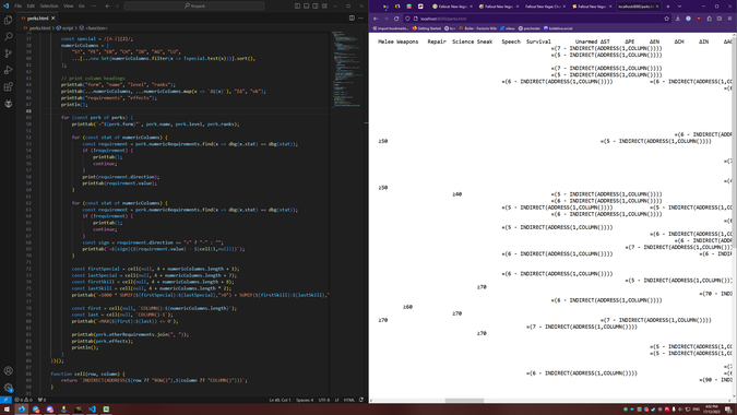 left: code for perks.html that parses a perks table in tsv format, and outputs a tsv with a column for each numeric stat requirement. right: the output of that program, ready to paste into an excel spreadsheet, showing stat values and formulas.