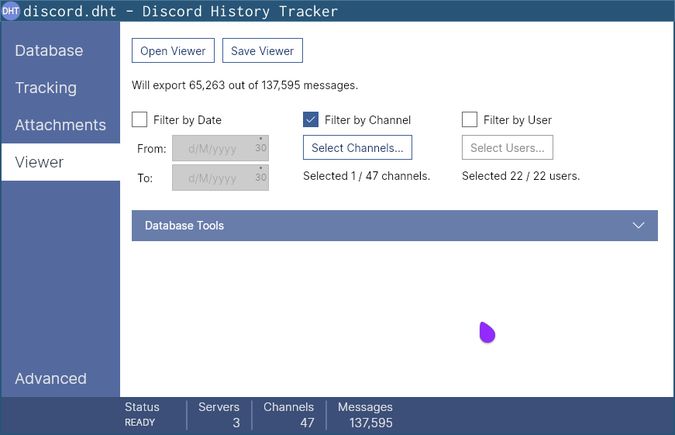 screenshot of discord history tracker, showing over 65000 messages with one person in five months