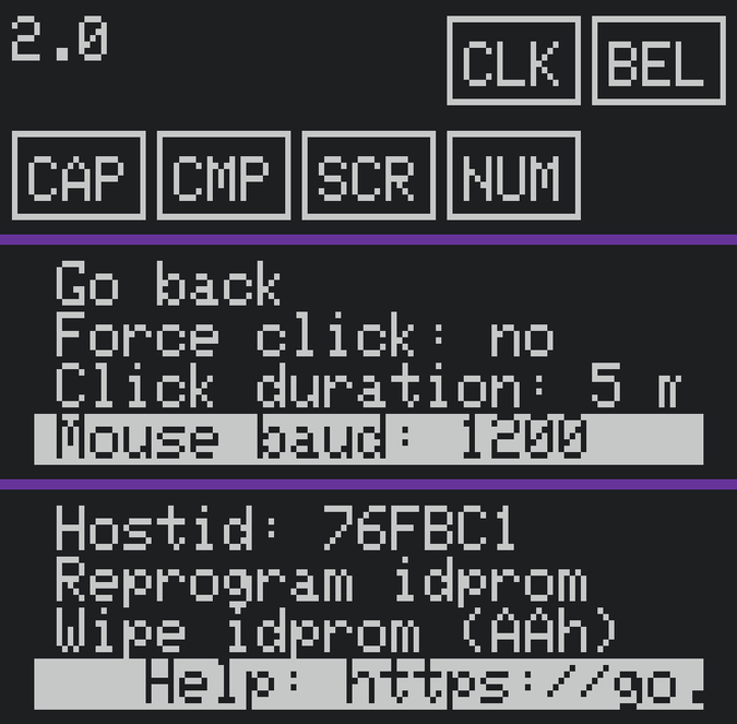 top: usb3sun firmware 2.0; middle: new menu option “Mouse baud: 1200”; bottom: new menu option with a link to the online help