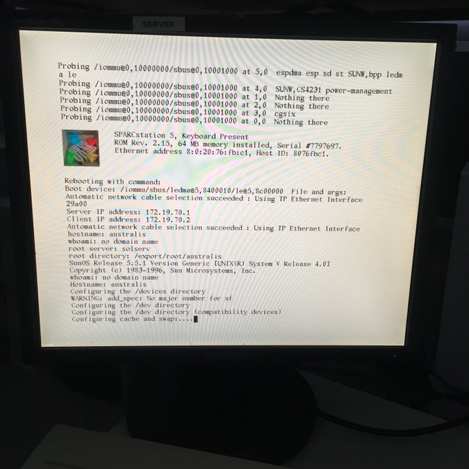 sparcstation 5 early boot, showing server and client ip addresses