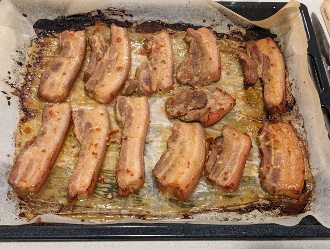 pork rashers out of the oven after 20 minutes, turn, 20 minutes, turn, 10 minutes