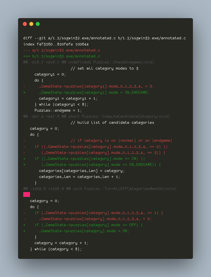 diff annotated.c, showing integer comparisons being changed to enum variant comparisons, and a comment that reads “if category is on (normal) or on (endgame)” being removed