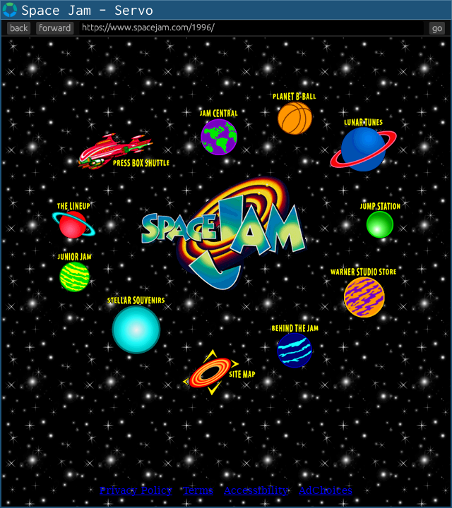 space jam website in servo, showing a navigation menu with eleven icons orbiting evenly around a central logo