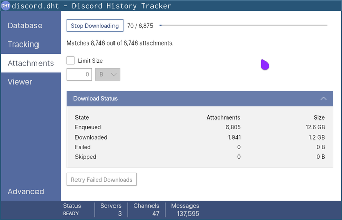 screenshot of discord history tracker, showing over 6800 attachments totalling over 12 GB with them in the same period