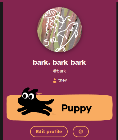 my cohost profile, with the puppy button from above adjusted so that the previously very orange background matches the more dull orange of the cohost ui