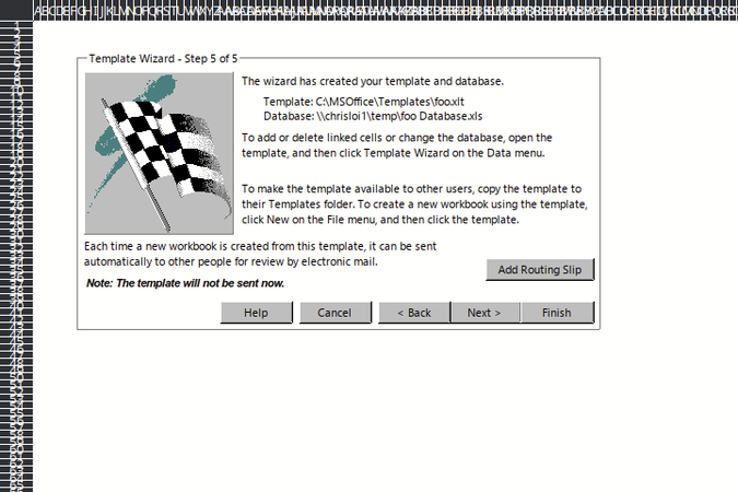 an excel spreadsheet with small square cells, containing buttons and input fields for a Template Wizard - Step 5 of 5, and a very 90s graphic of a waving checkered finishing flag