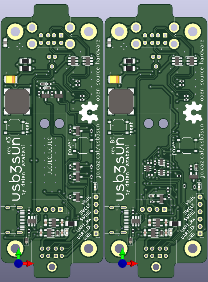 comparison of usb3sun rev A3 vs rev B0, top sides of pcb, with silkscreen and smt components visible. four packages in sot23 are now two in sot363 (plus one), and those and several other components are now under the display module.