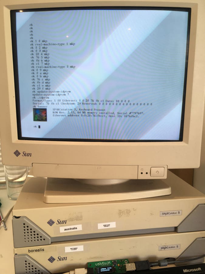 sparcstations 5 australis and borealis, with their serial numbers and original hostids (as shown on the label on the m48t02 inside), with a usb3sun pcb instead of the original breadboard prototype