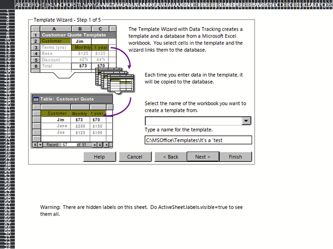 an excel spreadsheet with small square cells, containing buttons and input fields for a Template Wizard - Step 1 of 5, with a path field that reads “C:\MSOffice\Templates\It's a 'test”