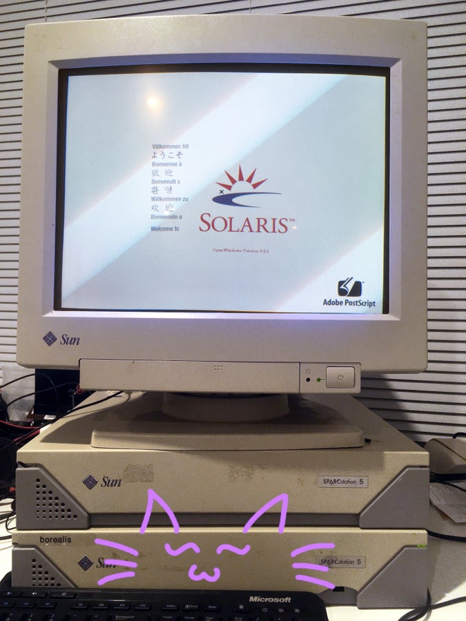 borealis, a SPARCstation 5 with a poorly drawn cat face