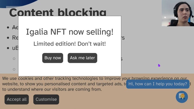 slide about content blocking, covered with a cookie consent banner, live chat assistant, and clearly fake nft ad