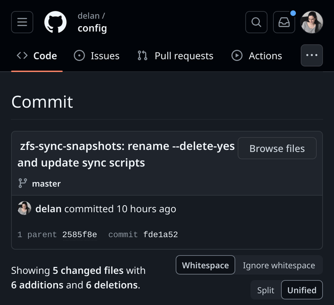 screenshot of github commit titled “zfs-sync-snapshots: rename --delete-yes and update sync scripts”