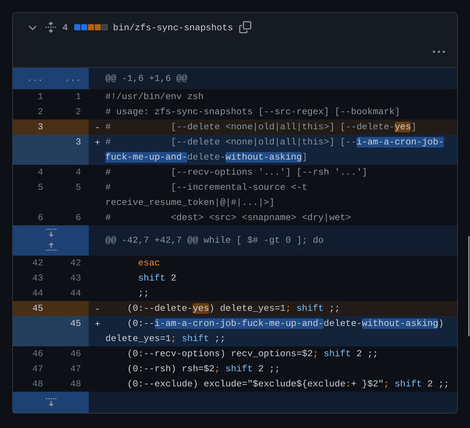 diff of the script, showing a “--delete” option accepting values “none”, “old”, “all”, or “this”, a mandatory “dry” or “wet” argument, and a “--delete-yes” option being renamed to “--i-am-a-cron-job-fuck-me-up-and-delete-without-asking”